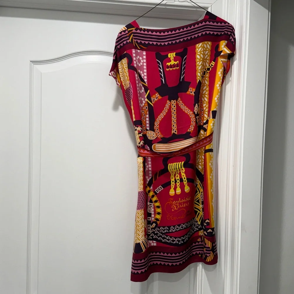 Hermes Silk Pink Printed Belted Mini Dress - Picture 4 of 8